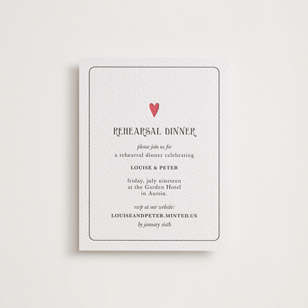 "Red Hearts" - Letterpress Rehearsal Dinner Cards in Scarlet by Helena Vitto - Front