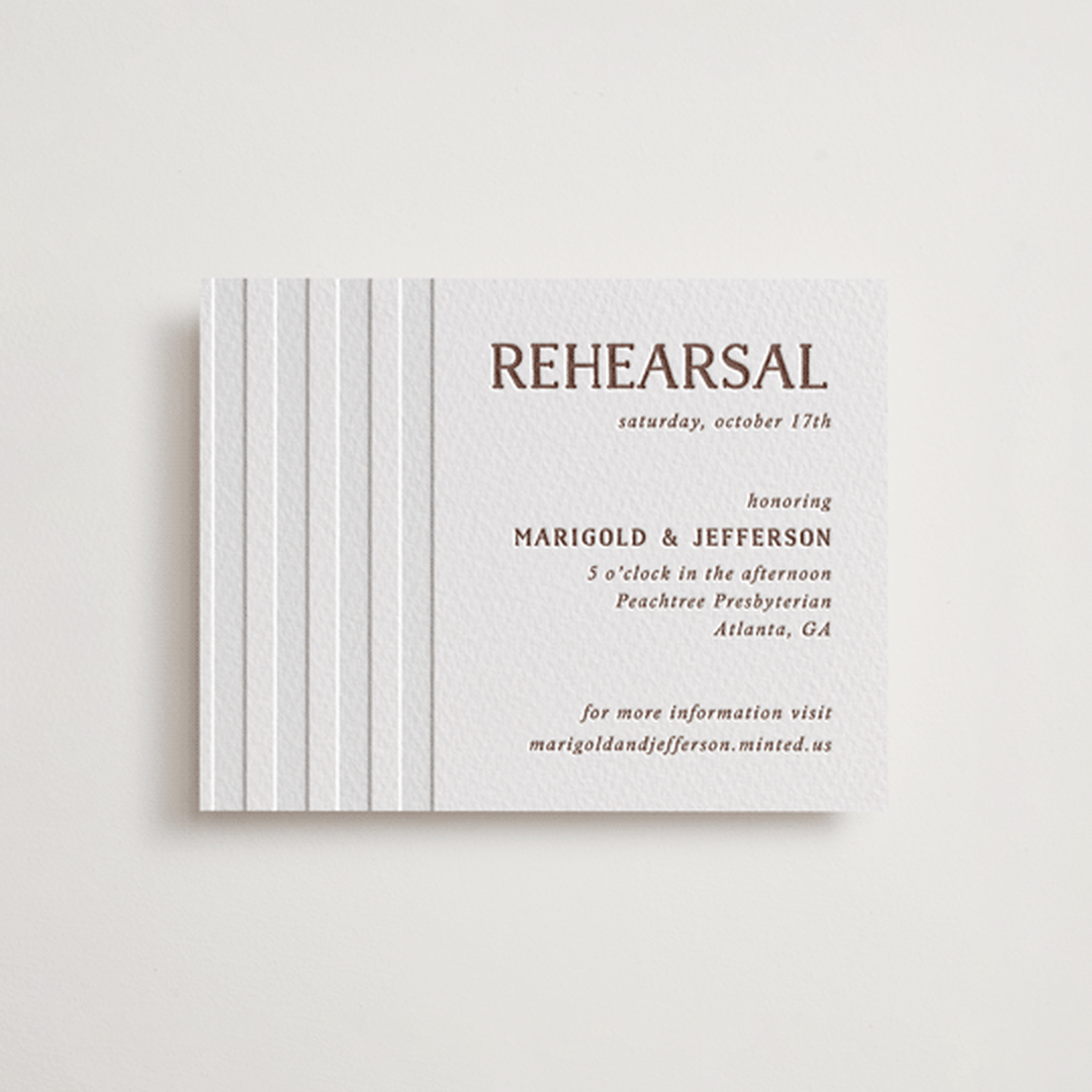 "Stripes" - Letterpress Rehearsal Dinner Cards in Burnt Sienna by Kelly Watkins - Front