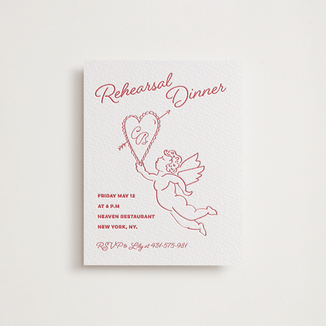 "Crazy Little Thing Called Love" - Letterpress Rehearsal Dinner Cards in Scarlet by Helena Vitto - Front