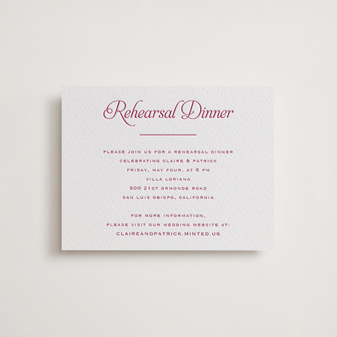 "Modernne" - Letterpress Rehearsal Dinner Cards in Merlot by Carolyn MacLaren - Front
