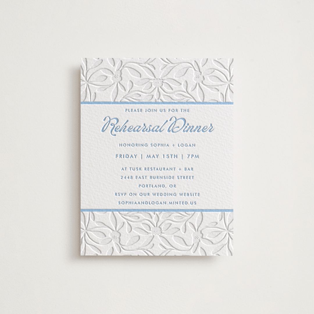 "Victorian Chic" - Letterpress Rehearsal Dinner Cards in Sky Blue by Morgan Kendall - Front