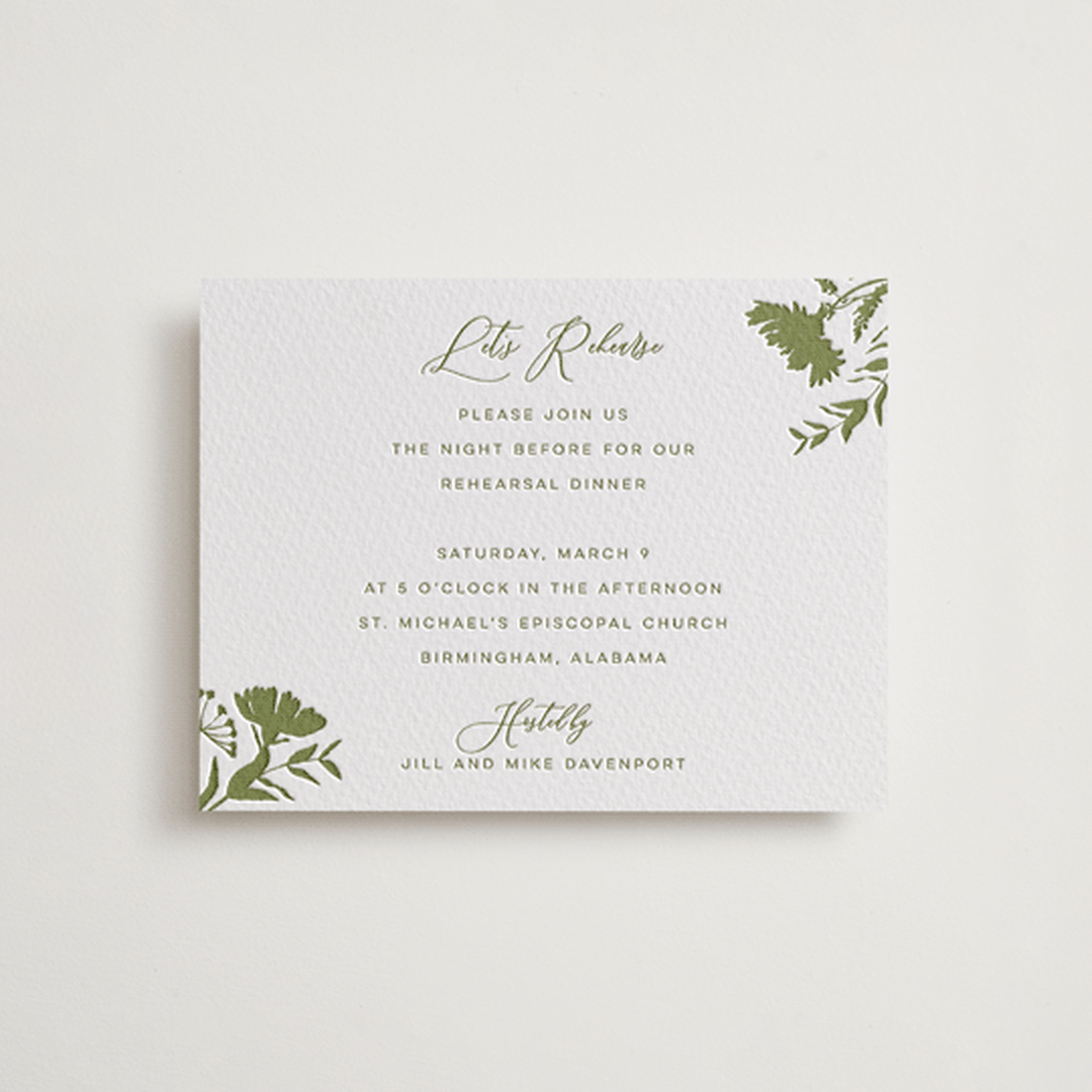 "Untied" - Letterpress Rehearsal Dinner Cards in Pistachio by Erin Hodges - Front