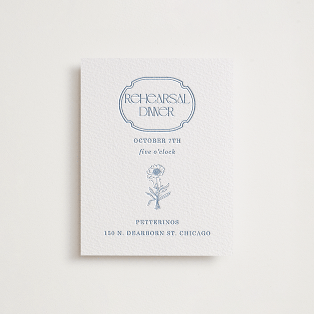 "Flora Arch" - Letterpress Rehearsal Dinner Cards in Provincial Blue by Baumbirdy - Front
