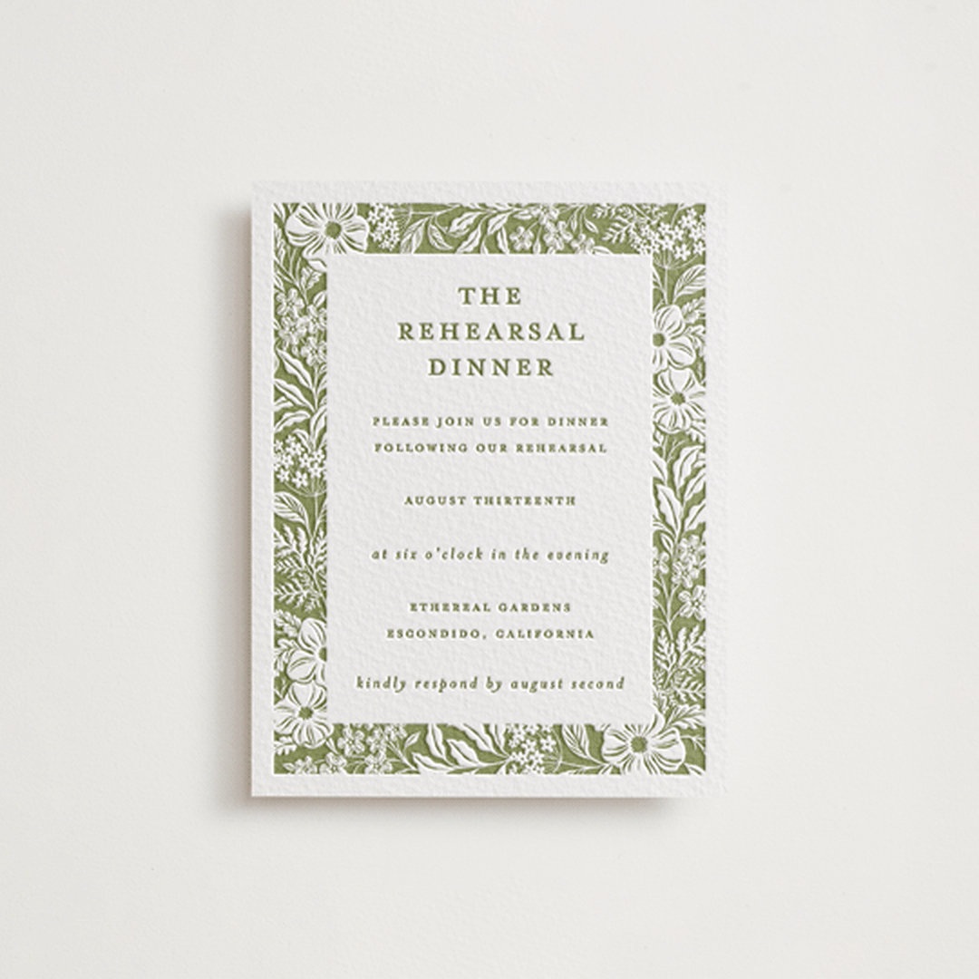 "Ethereal gardens" - Letterpress Rehearsal Dinner Cards in Pistachio by Sarah Knight - Front