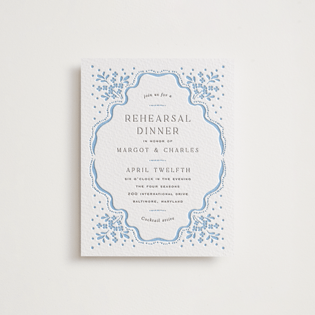 "Margot" - Letterpress Rehearsal Dinner Cards in Sky Blue by Erin L. Wilson - Front