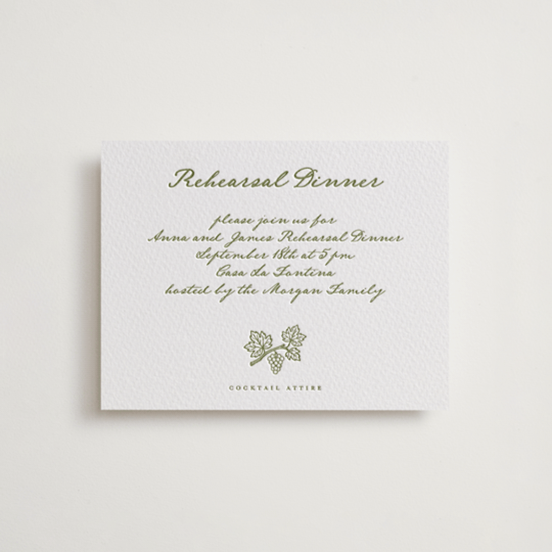 "Villa" - Letterpress Rehearsal Dinner Cards in Pistachio by Maja Cunningham - Front