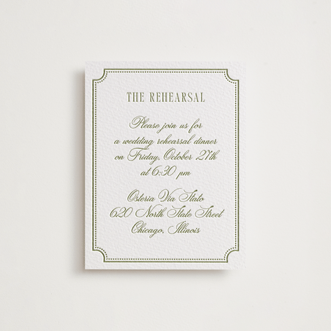"Darcy" - Letterpress Rehearsal Dinner Cards in Pistachio by Robert and Stella - Front