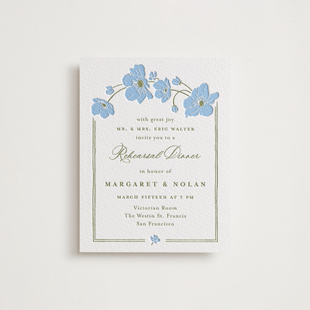 "Anemones" - Letterpress Rehearsal Dinner Cards in Sky Blue by letterfix - Front