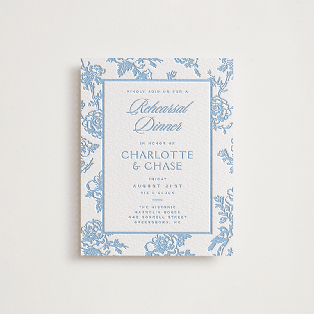 "Classic Toile" - Letterpress Rehearsal Dinner Cards in Sky Blue by Jenna Holcomb - Front
