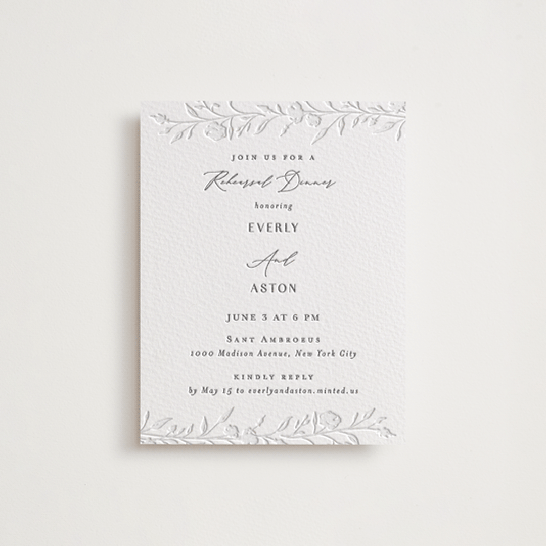 "Delicately" - Letterpress Rehearsal Dinner Cards in Gravel by Nicoletta Savod - Front