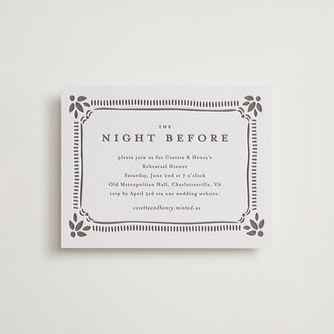 "Cosette" - Letterpress Rehearsal Dinner Cards in Graphite by Melanie Kosuge - Front