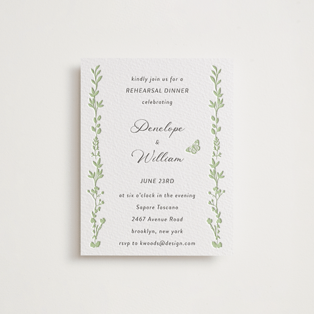 "Flower Garden" - Letterpress Rehearsal Dinner Cards in Tea Green by Susan Moyal - Front