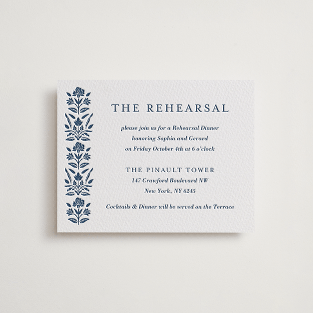 "Pressed Motif" - Letterpress Rehearsal Dinner Cards in Indigo by Oma N. Ramkhelawan - Front