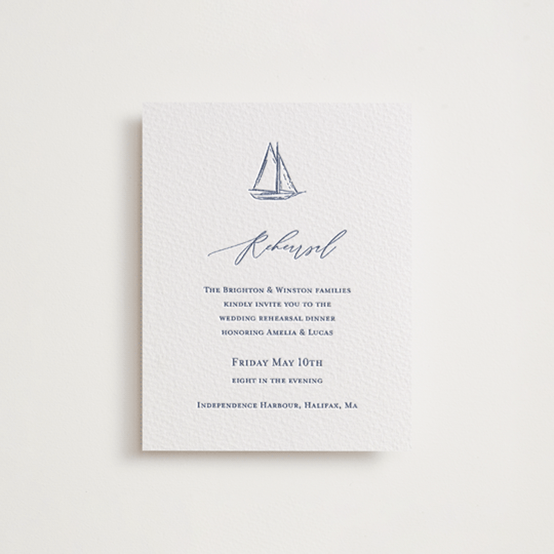 "Mariner" - Letterpress Rehearsal Dinner Cards in Indigo by Jelena Vuletic - Front