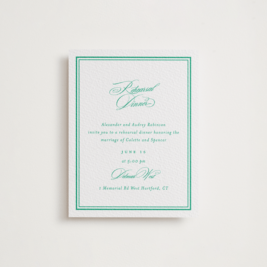 "Hartford" - Letterpress Rehearsal Dinner Cards in Shamrock by Olivia Raufman - Front