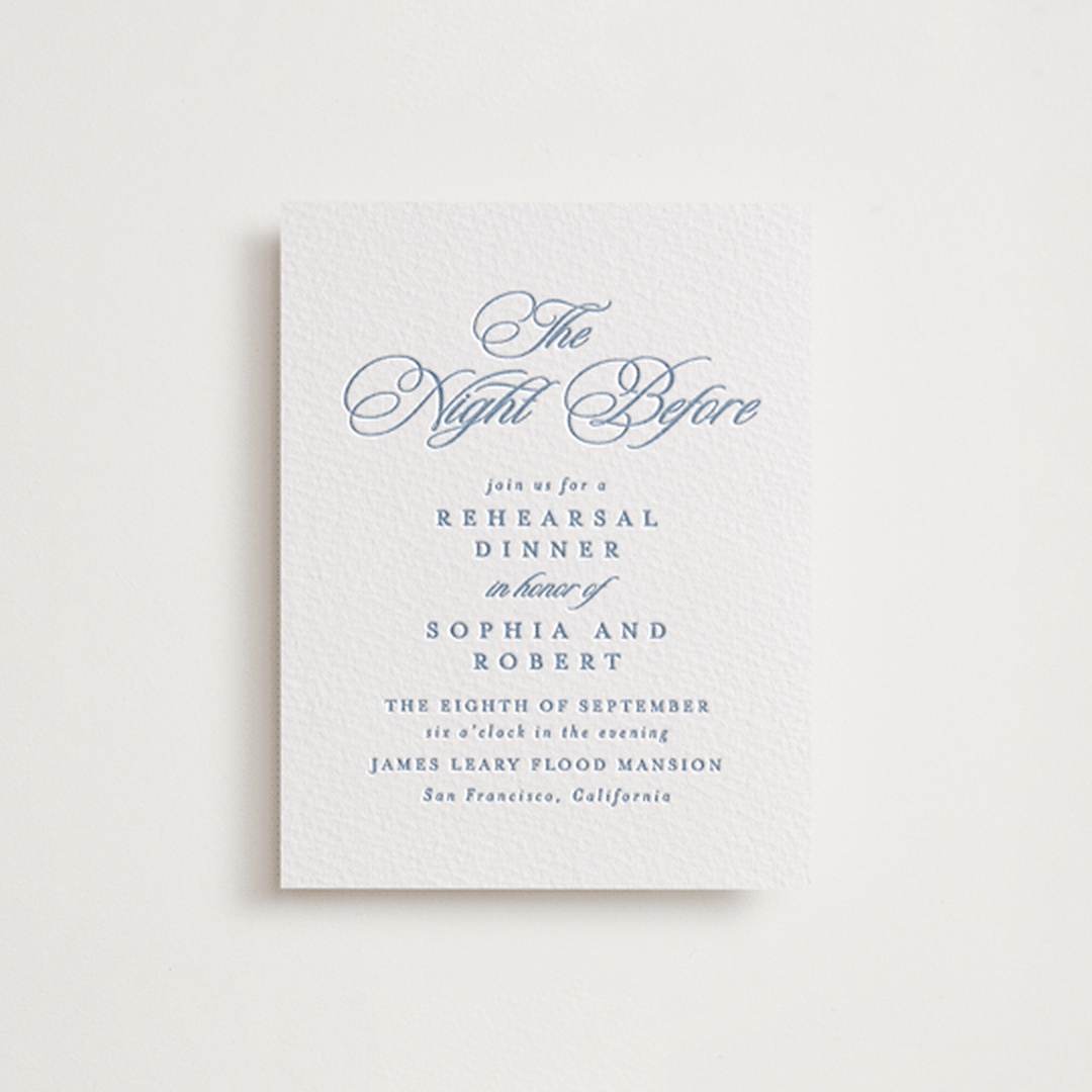 "Posh" - Letterpress Rehearsal Dinner Cards in Provincial Blue by Creo Study - Front