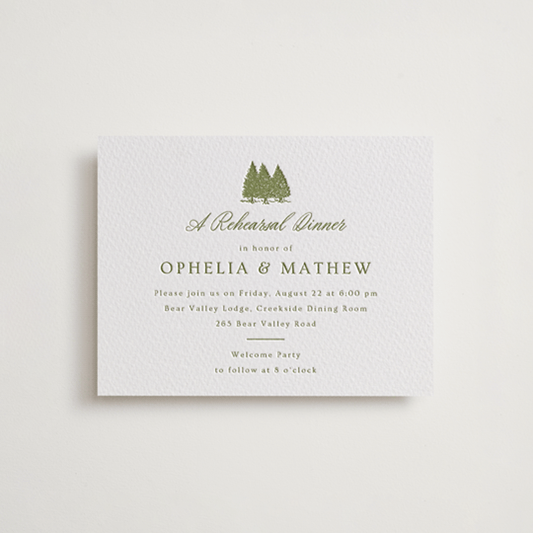 "Summit Meadows" - Letterpress Rehearsal Dinner Cards in Pistachio by Ana Sharpe - Front