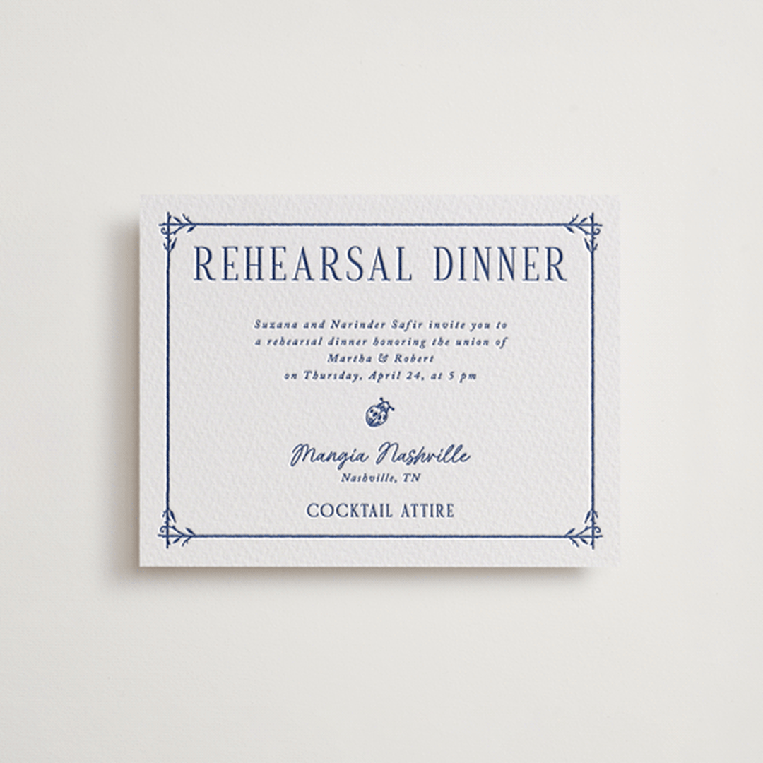 "Botanical Dream" - Letterpress Rehearsal Dinner Cards in Lapis by Sherley Ferreira - Front