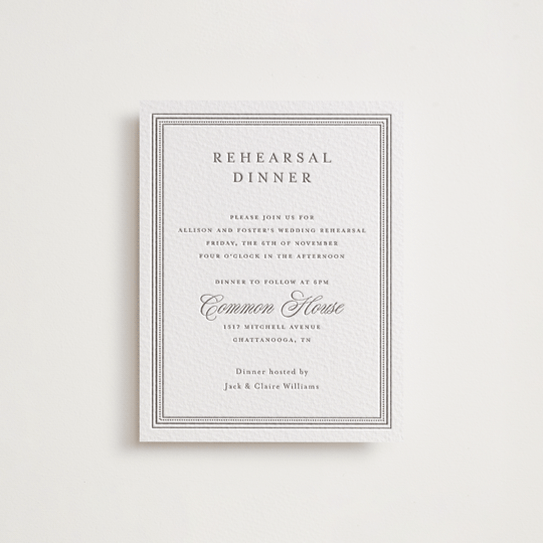 "Haverly" - Letterpress Rehearsal Dinner Cards in Graphite by Jessica Williams - Front