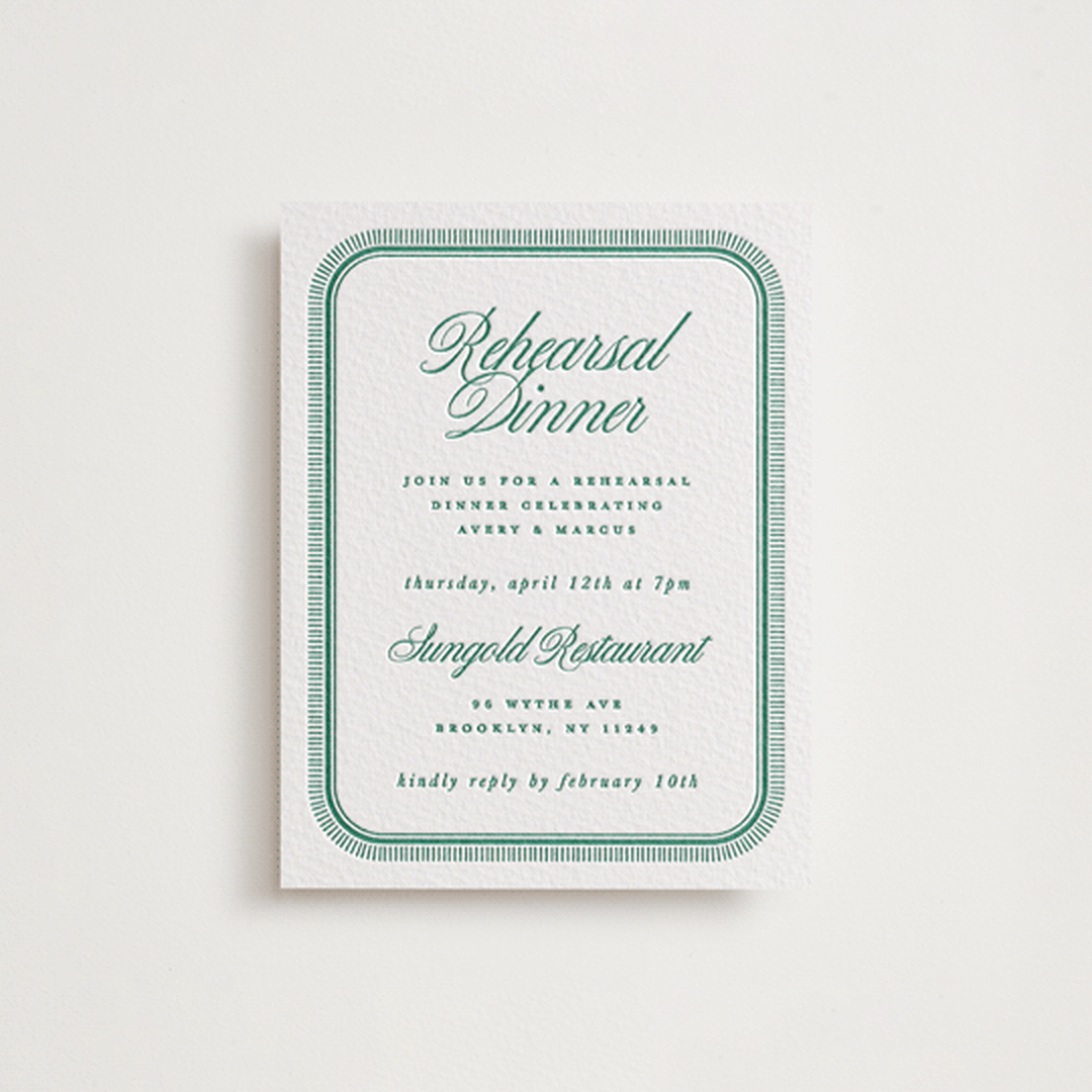 "Archer" - Letterpress Rehearsal Dinner Cards in Cucumber by Kelly Watkins - Front