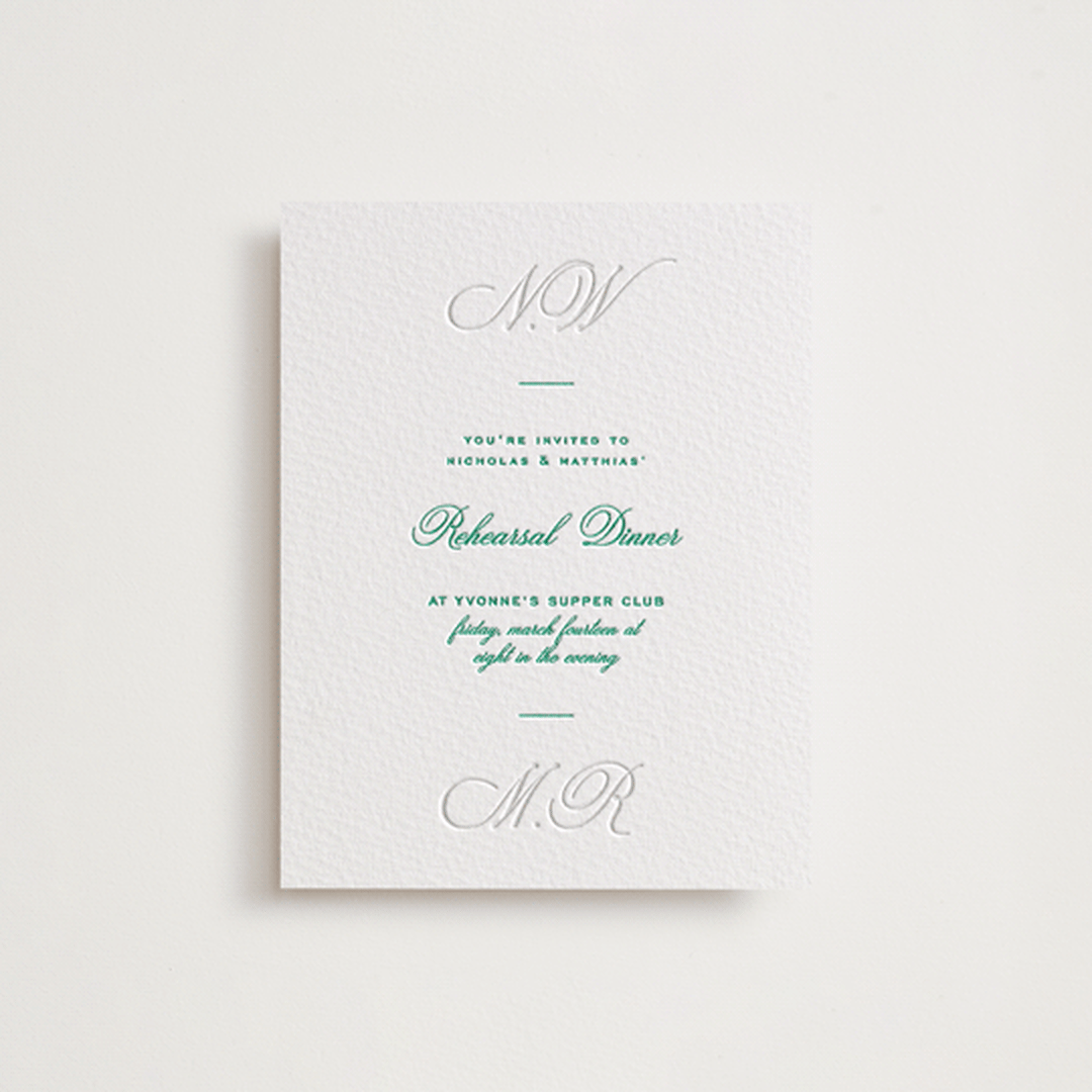 "Keepsake" - Letterpress Rehearsal Dinner Cards in Shamrock by Blustery August - Front