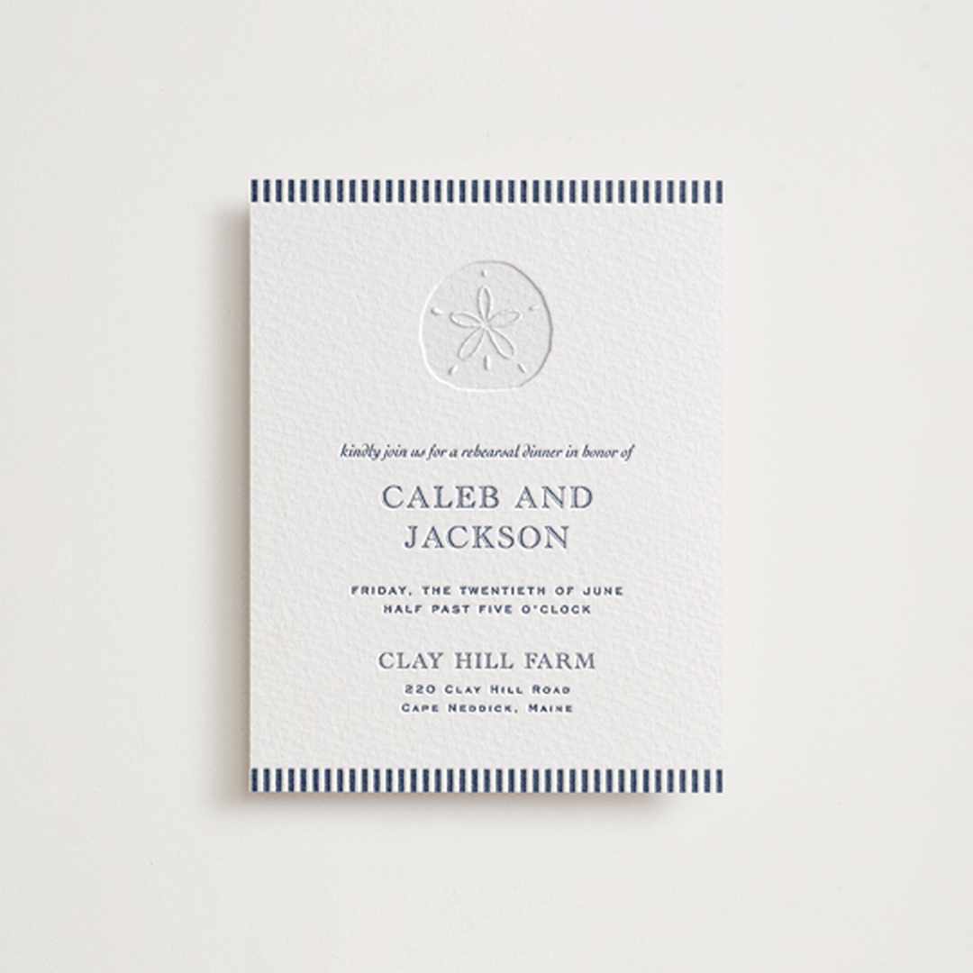 "The Sea" - Letterpress Rehearsal Dinner Cards in Aegean by Jenna Holcomb - Front