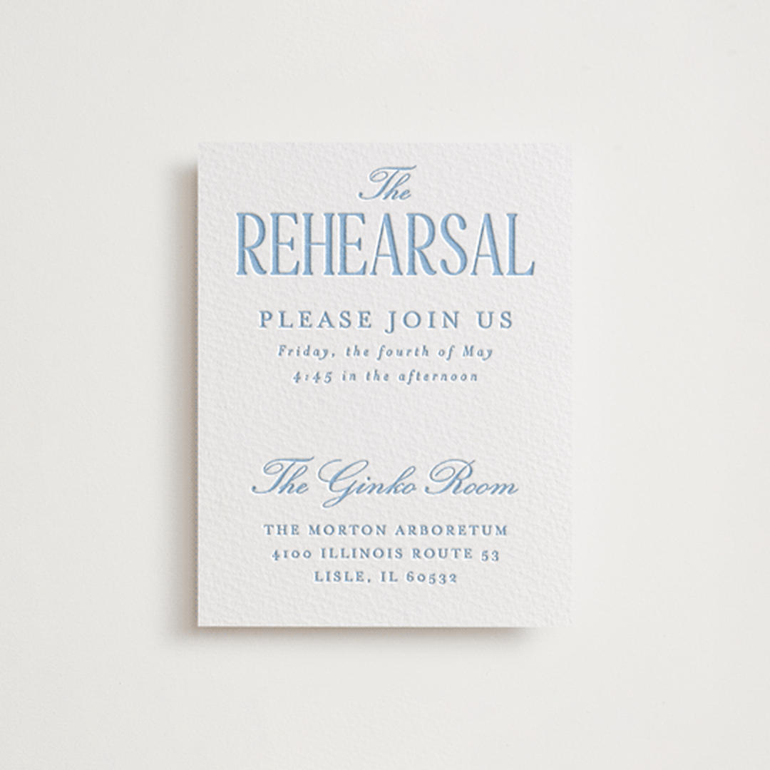 "Big Day" - Letterpress Rehearsal Dinner Cards in Sky Blue by Baumbirdy - Front