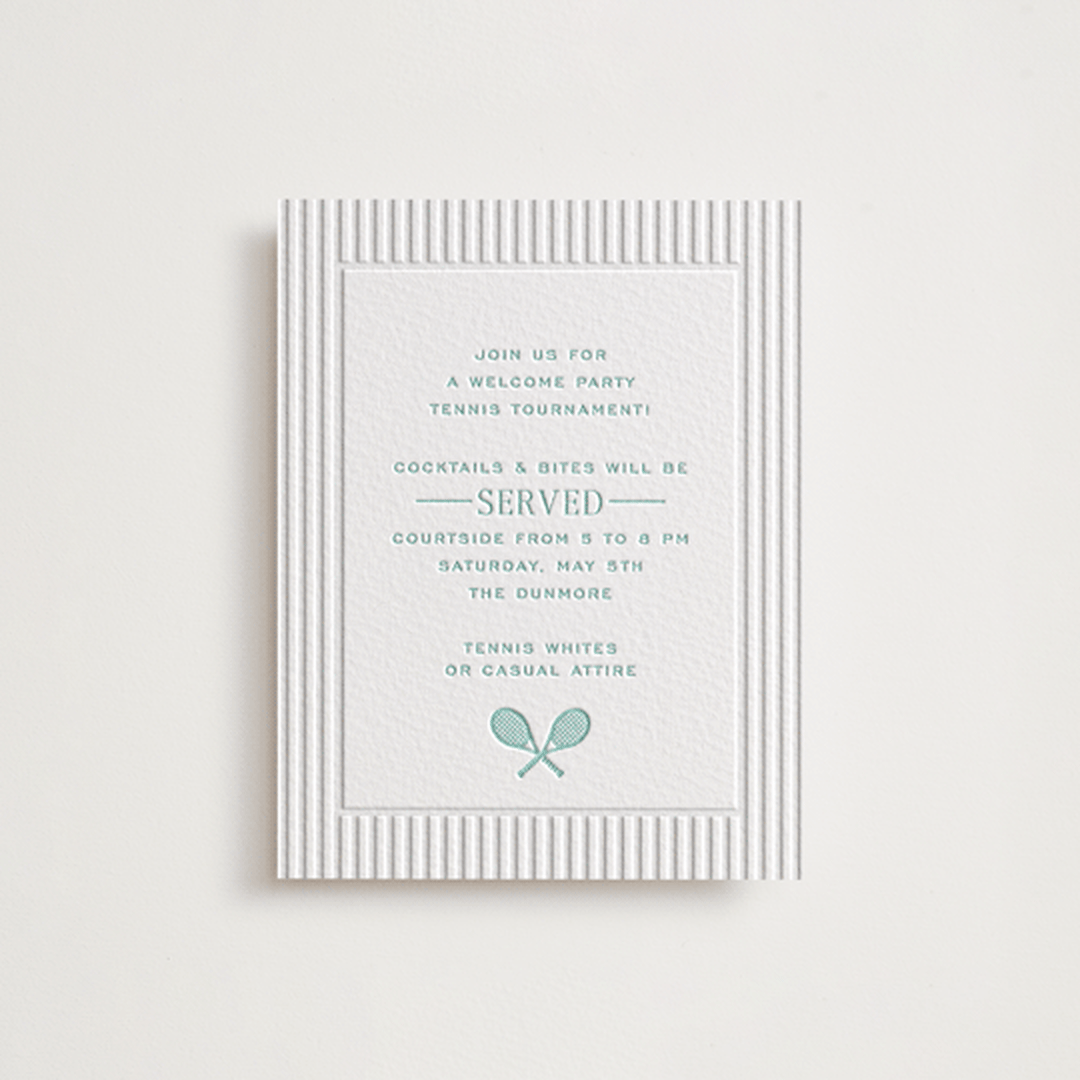 "Isle" - Letterpress Rehearsal Dinner Cards in Seafoam by Megan Davis - Front