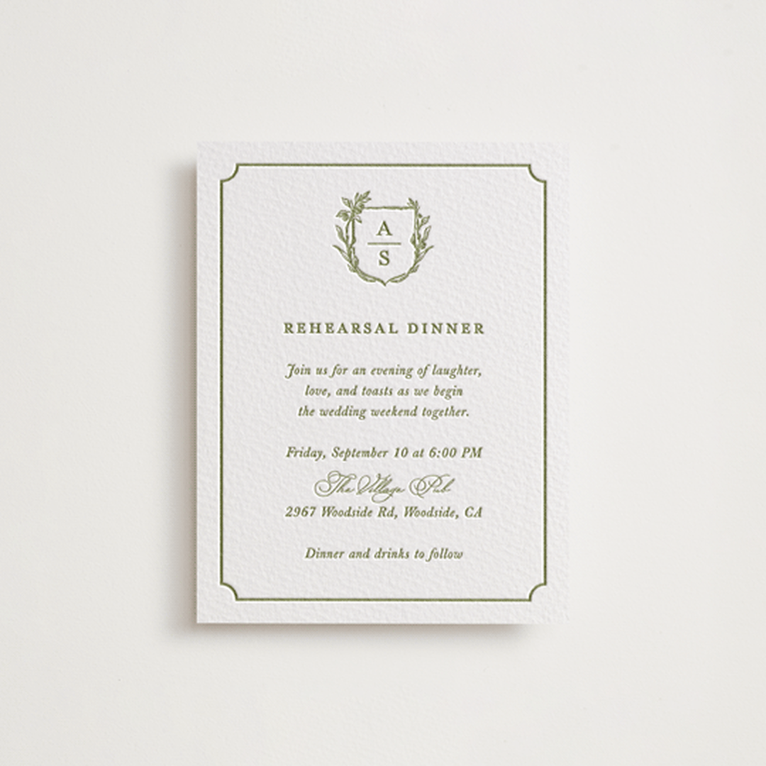 "Botanical Crest" - Letterpress Rehearsal Dinner Cards in Pistachio by Lucrecia Caporale - Front