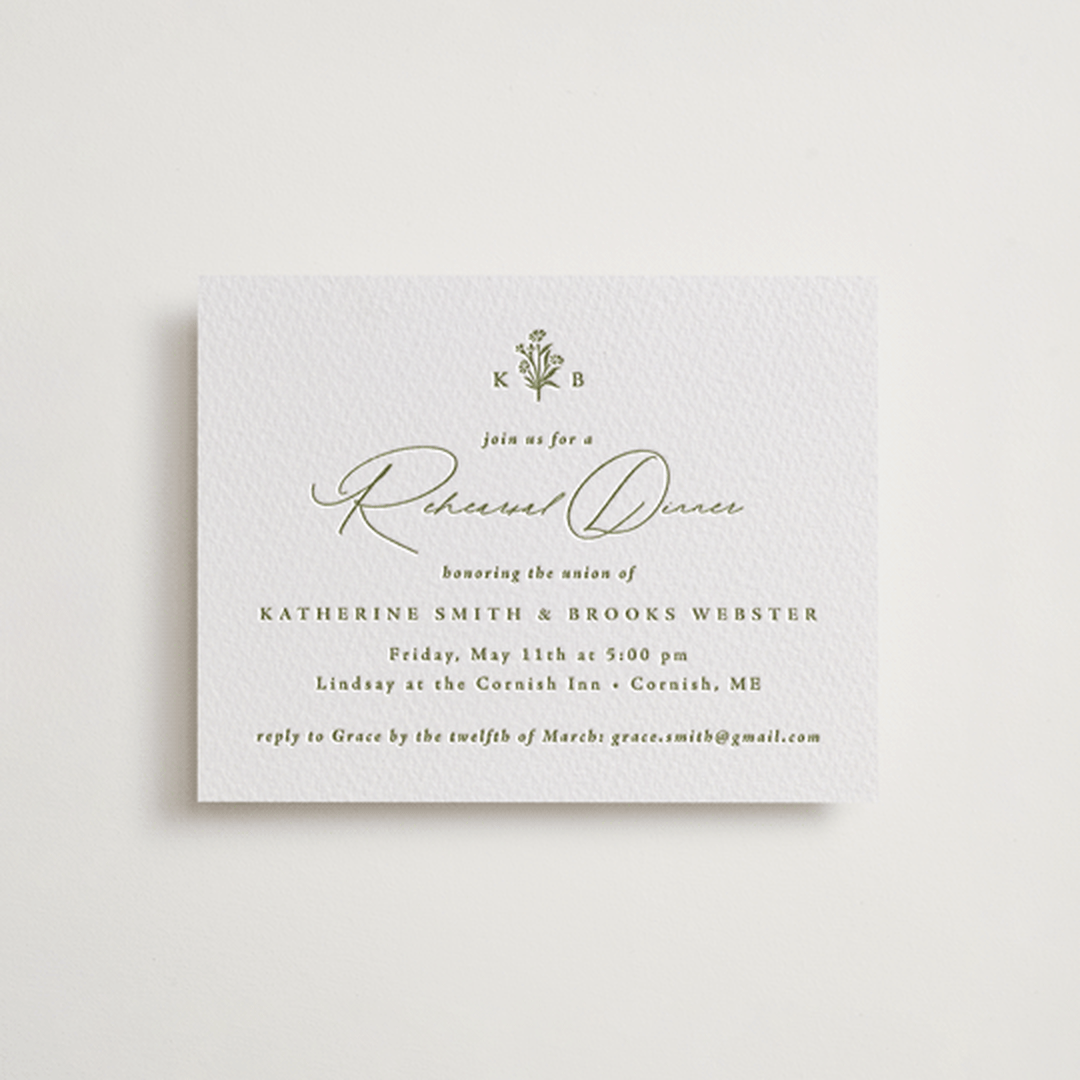 "Posy" - Letterpress Rehearsal Dinner Cards in Pistachio by Olivia Raufman - Front