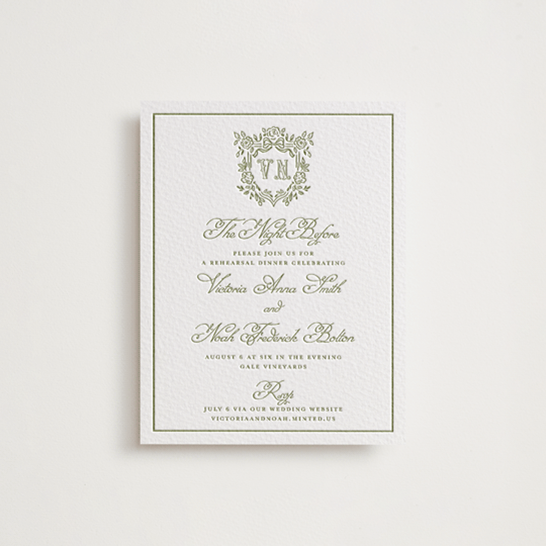 "Crestino" - Letterpress Rehearsal Dinner Cards in Pistachio by Petra Kern - Front