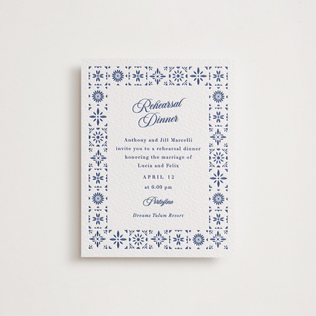 "Talavera Tiles" - Letterpress Rehearsal Dinner Cards in Lapis by Olivia Raufman - Front