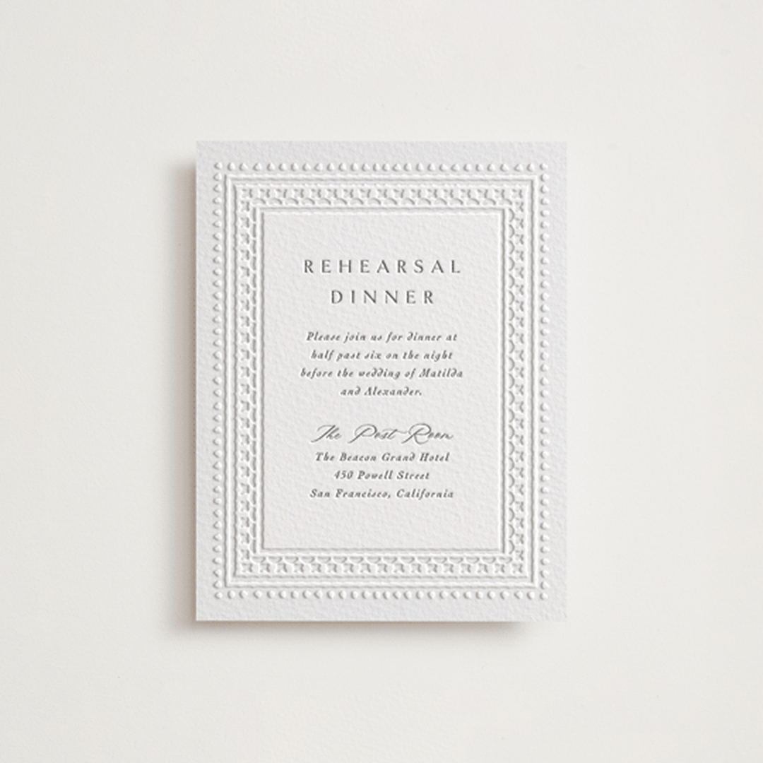 "Heirloom Needlework" - Letterpress Rehearsal Dinner Cards in Gravel by Meggy Masters - Front