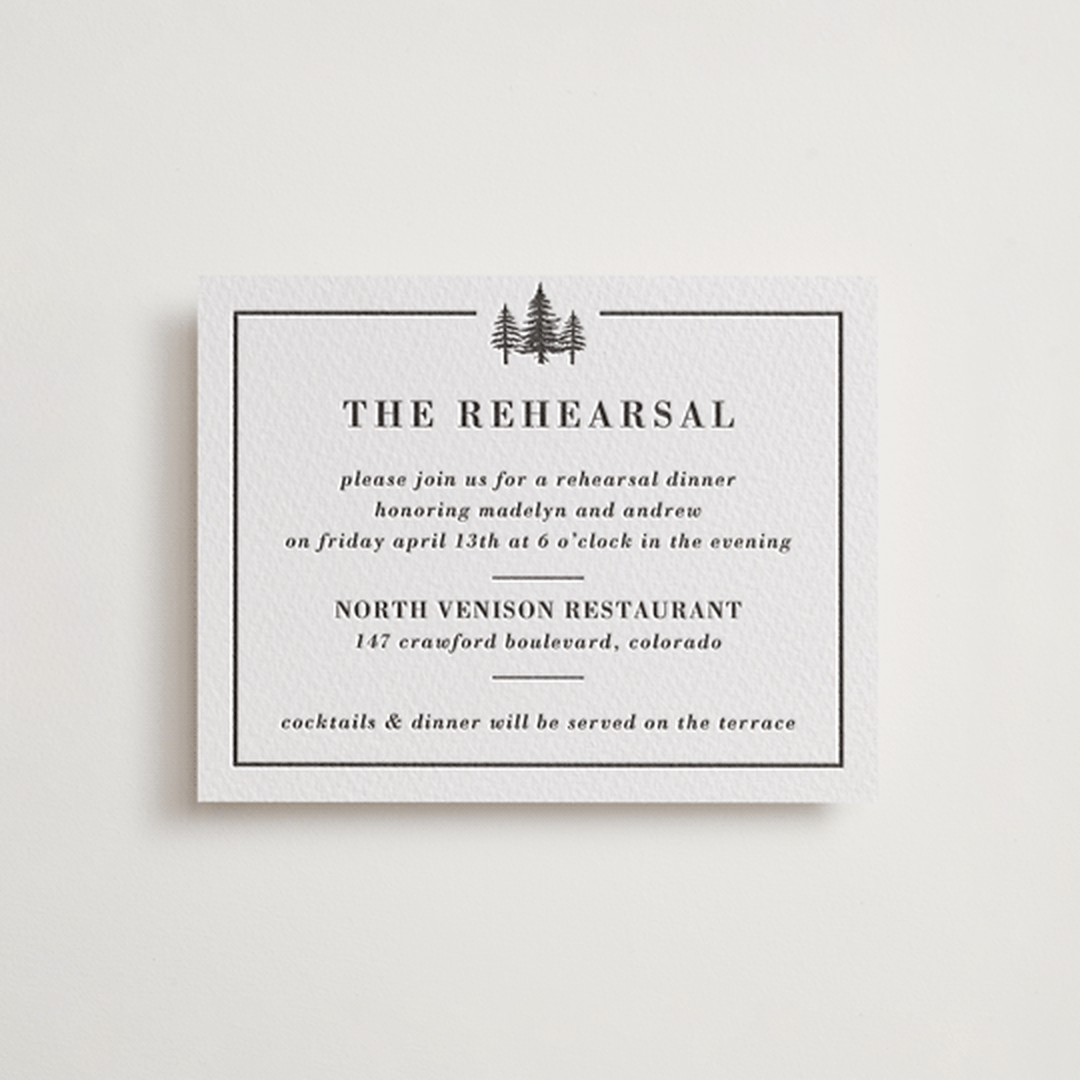 "Mountain Pines" - Letterpress Rehearsal Dinner Cards in Soft Black by Winston Latchman - Front