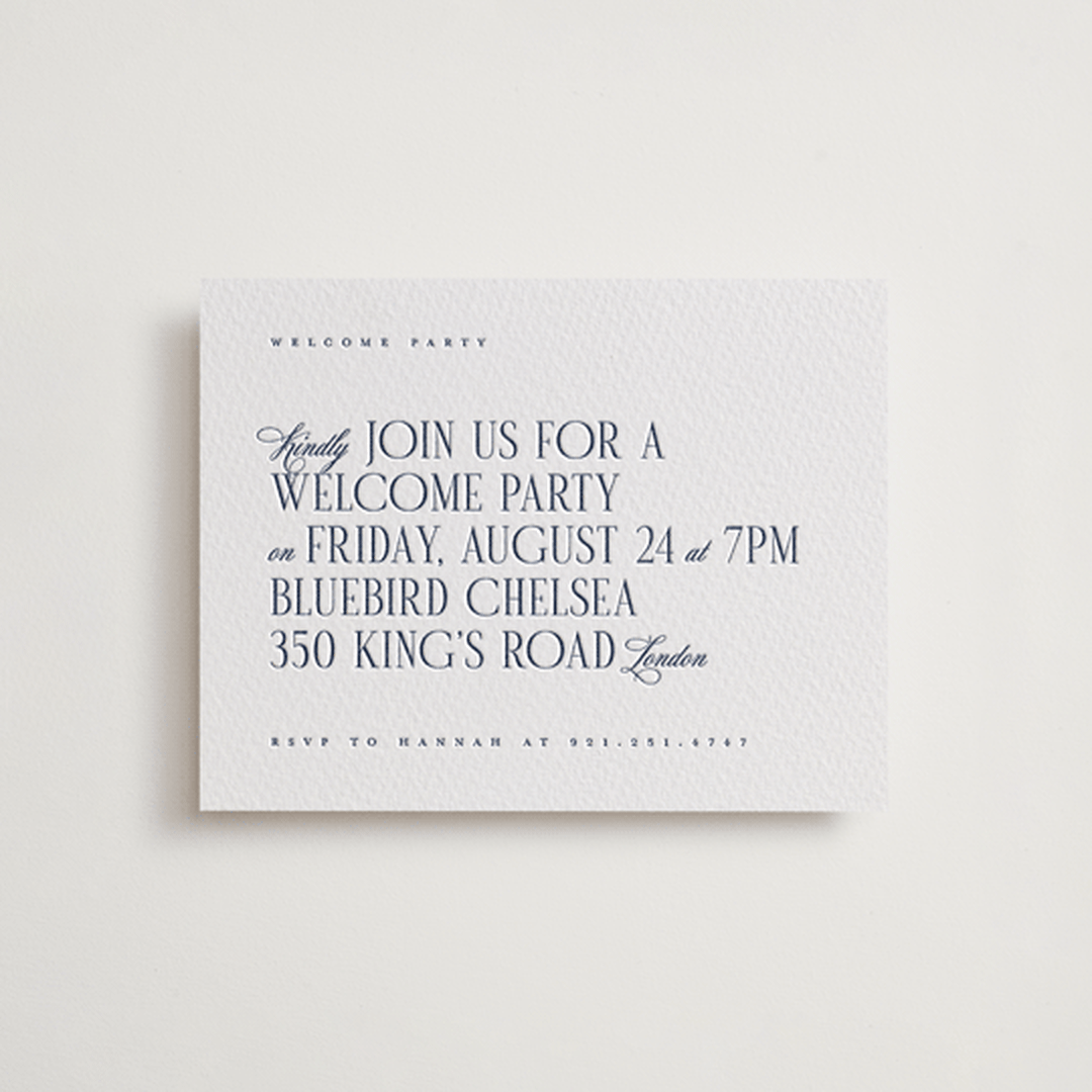 "London" - Letterpress Rehearsal Dinner Cards in Aegean by Hudson meet Rose - Front