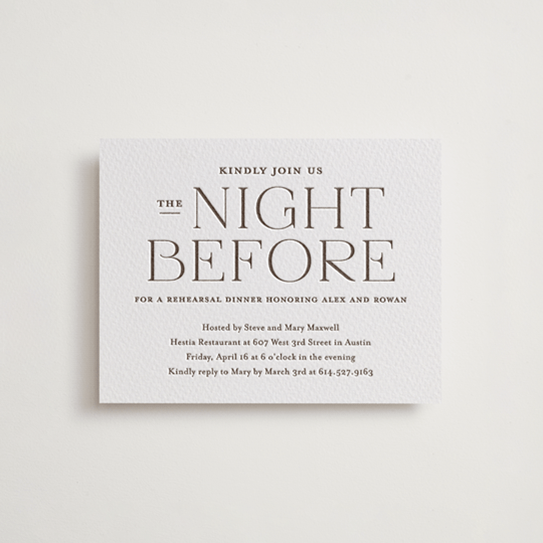 "Quiet Luxury" - Letterpress Rehearsal Dinner Cards in Coffee by Oscar and Emma - Karly Depew - Front