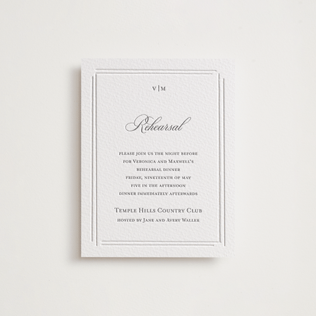 "Clarion" - Letterpress Rehearsal Dinner Cards in Gravel by Jelena Vuletic - Front