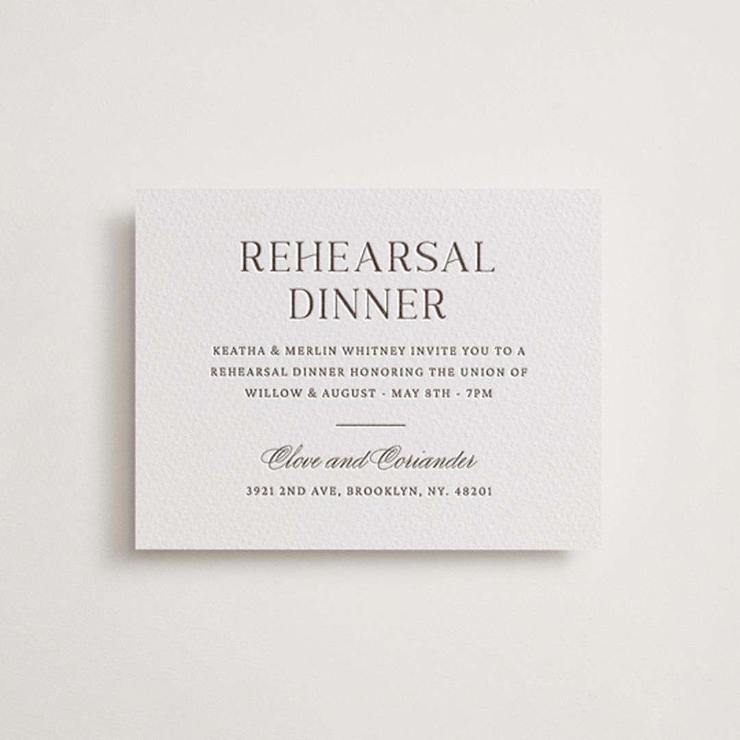 "Willow" - Letterpress Rehearsal Dinner Cards in Coffee by Snow and Ivy - Front