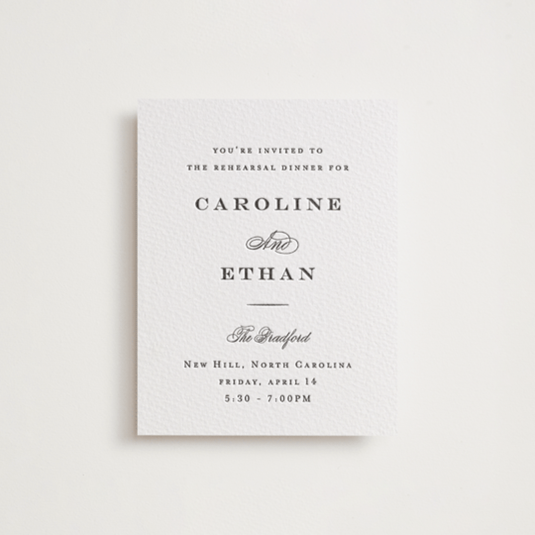 "Proper" - Letterpress Rehearsal Dinner Cards in Soft Black by Carolyn MacLaren - Front