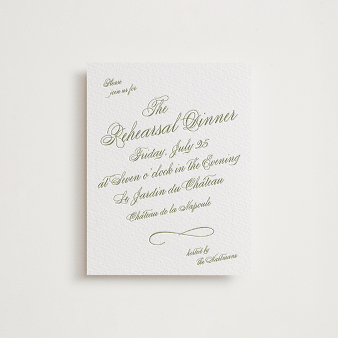 "Love in the Afternoon" - Letterpress Rehearsal Dinner Cards in Pistachio by Ani Somi - Front
