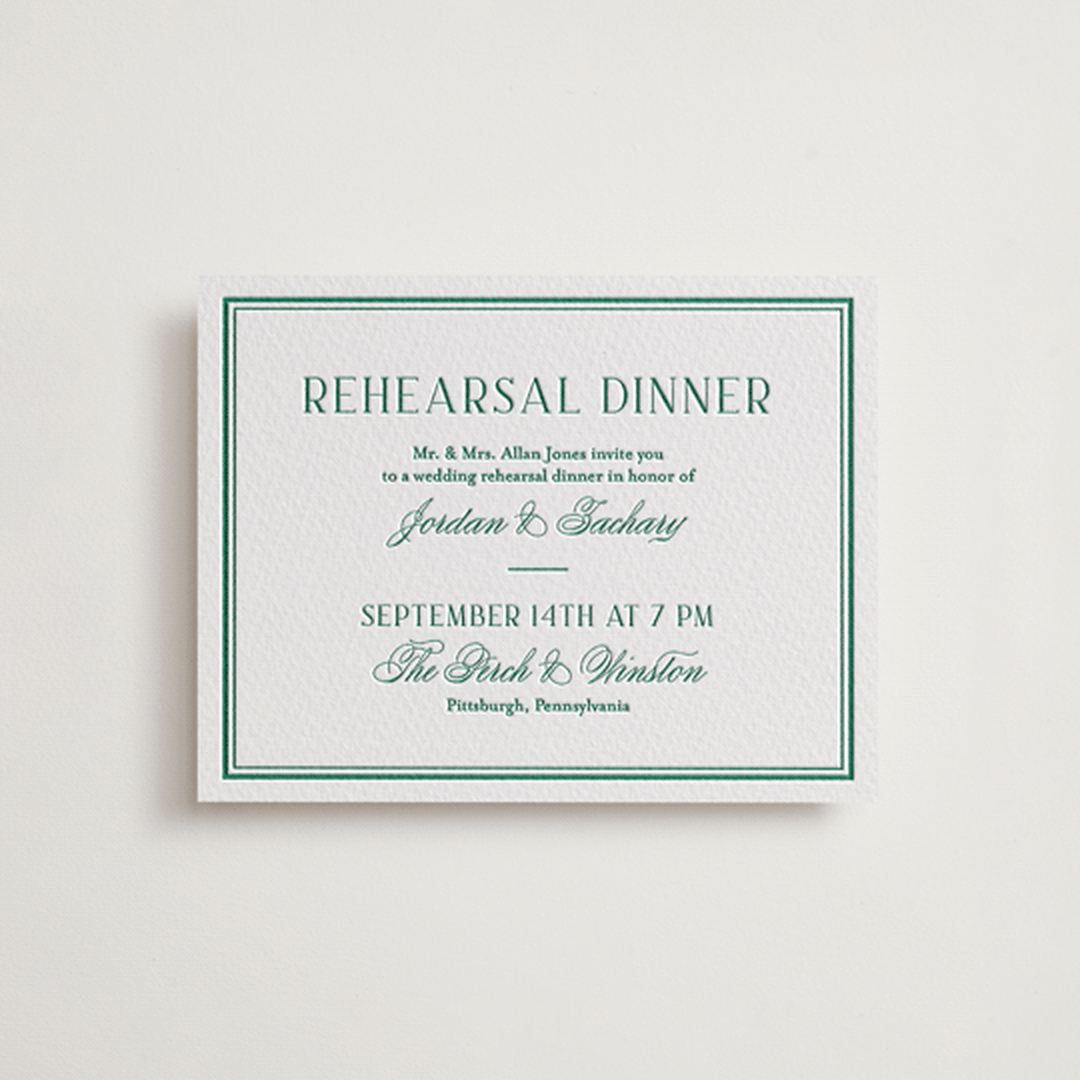 "Fresh Classic" - Letterpress Rehearsal Dinner Cards in Cucumber by letterfix - Front