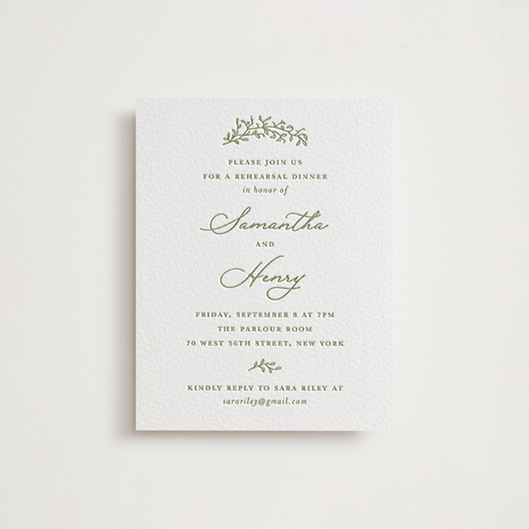 "Garden Script" - Letterpress Rehearsal Dinner Cards in Pistachio by Katherine Moynagh - Front