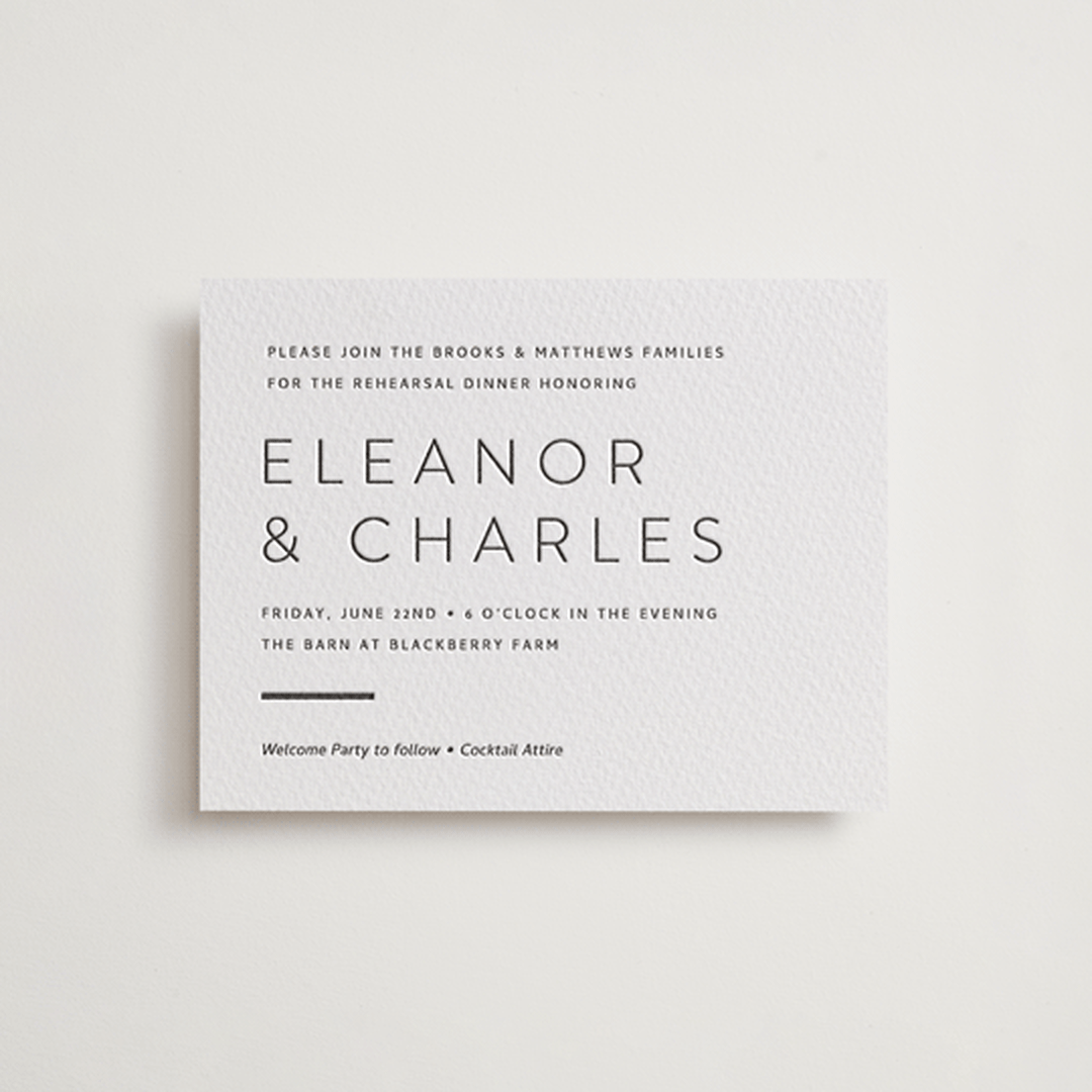 "Kismet" - Letterpress Rehearsal Dinner Cards in Soft Black by Alston Foster - Front