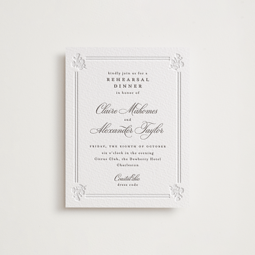 "Heirloom" - Letterpress Rehearsal Dinner Cards in Graphite by Creo Study - Front