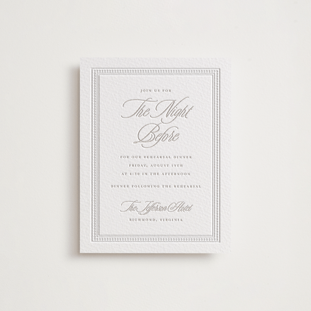 "Shell Border" - Letterpress Rehearsal Dinner Cards in Dove Grey by Vera Lim - Front