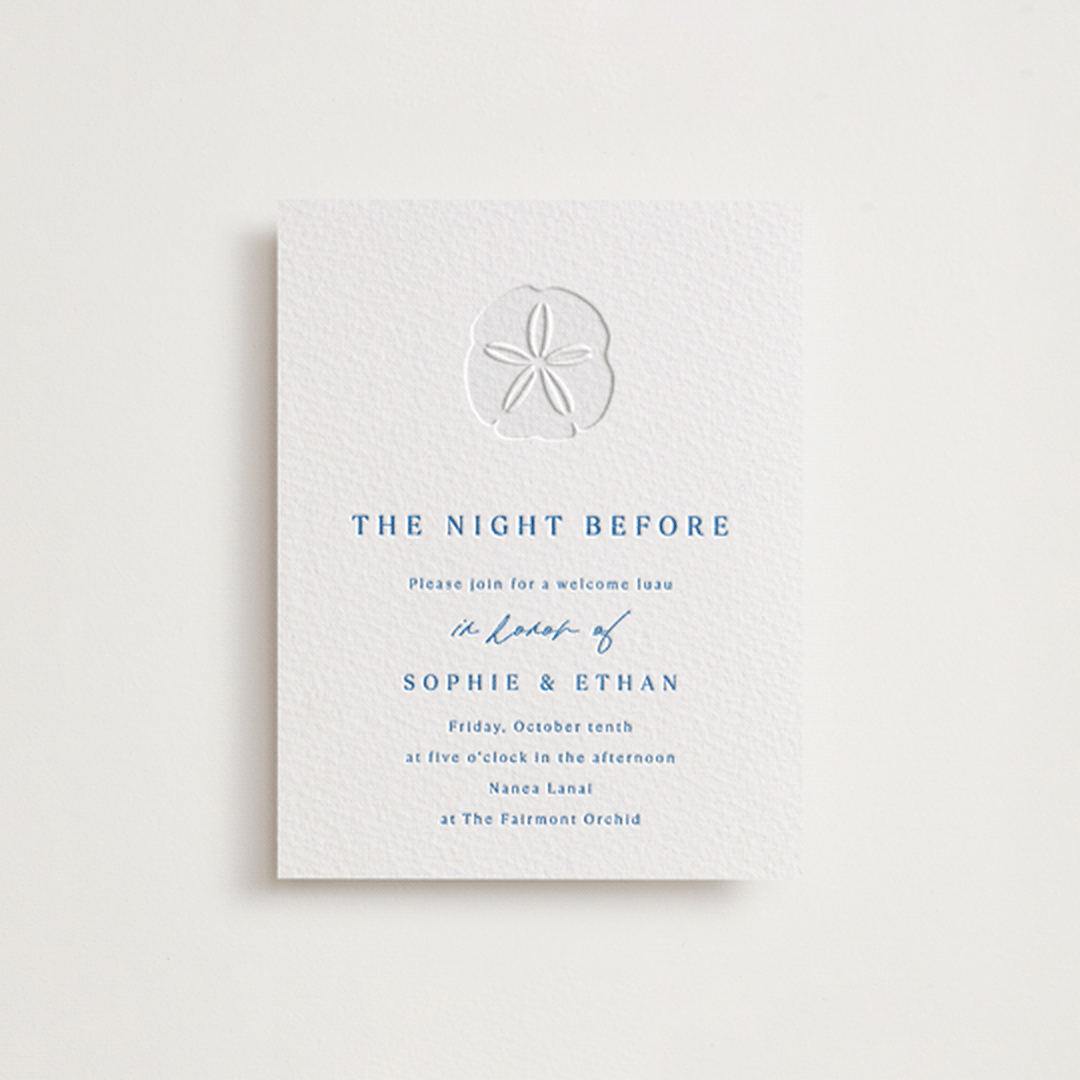 "Palm Tree" - Letterpress Rehearsal Dinner Cards in Sapphire by Kaydi Bishop - Front