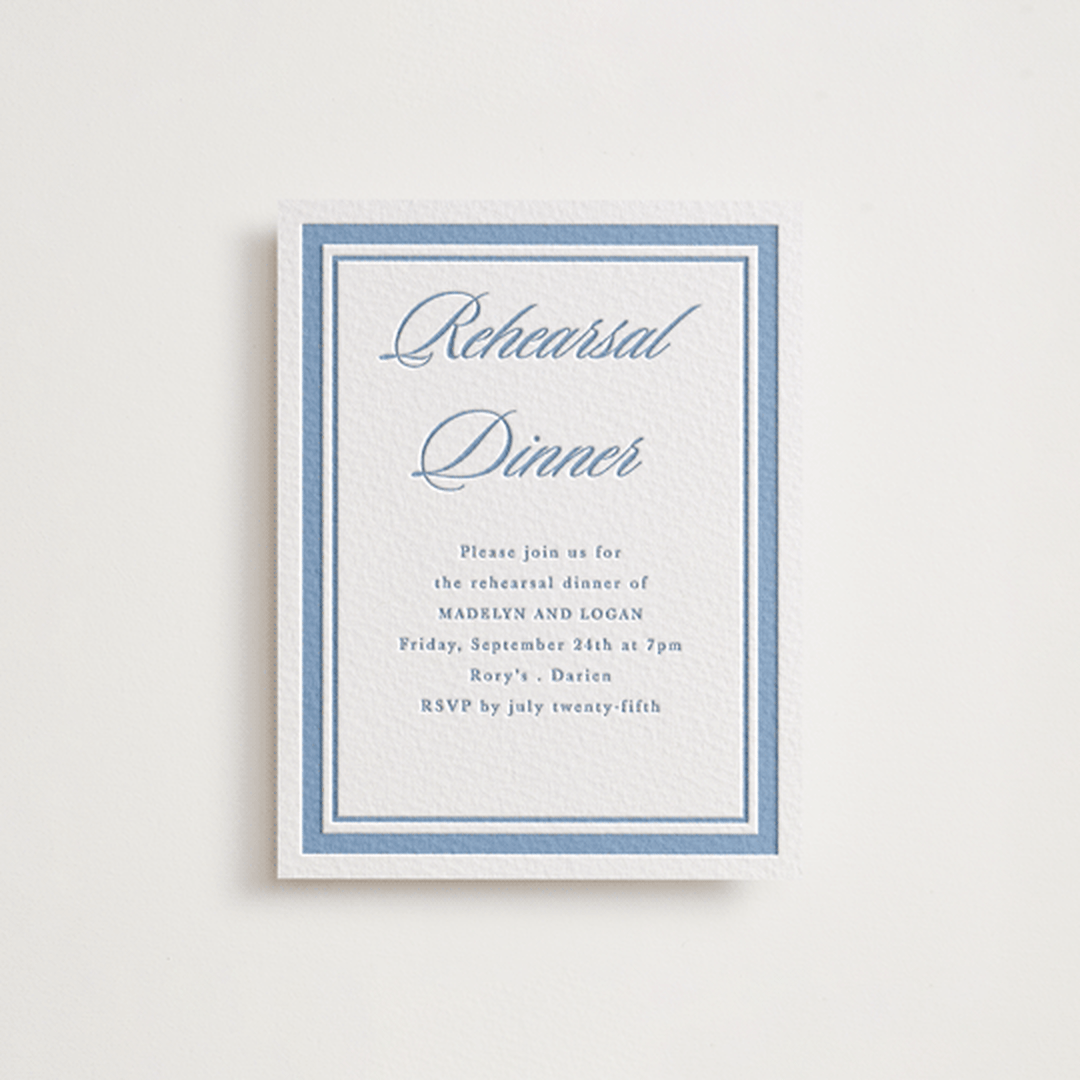 "Catamaran" - Letterpress Rehearsal Dinner Cards in Provincial Blue by Morgan Kendall - Front