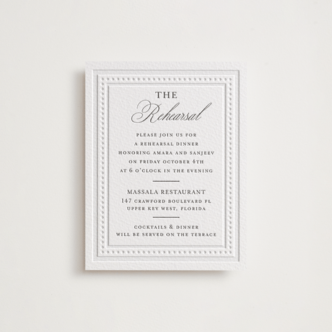 "Kamal" - Letterpress Rehearsal Dinner Cards in Soft Black by Oma N. Ramkhelawan - Front