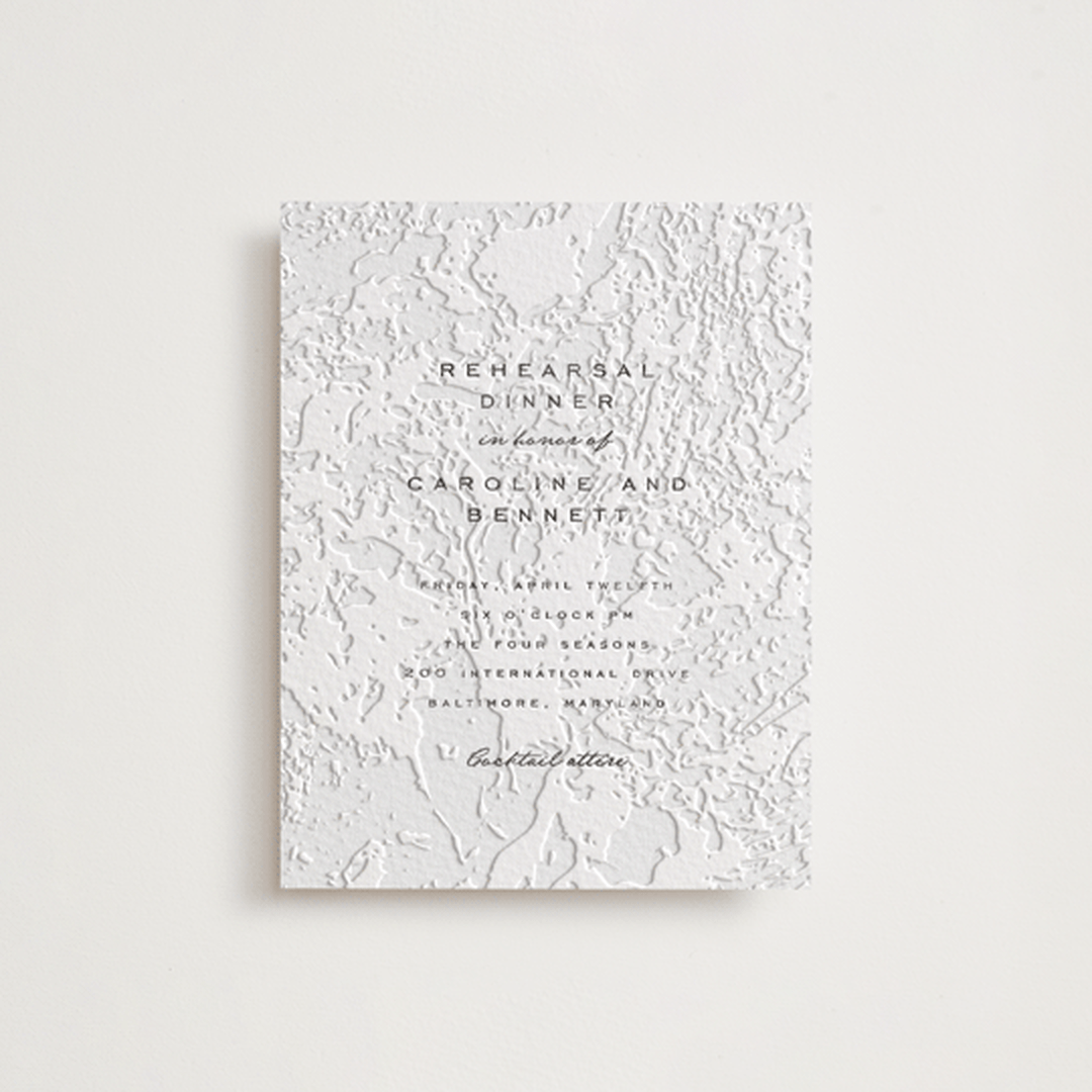 "Subtle Marble" - Letterpress Rehearsal Dinner Cards in Soft Black by Erin L. Wilson - Front