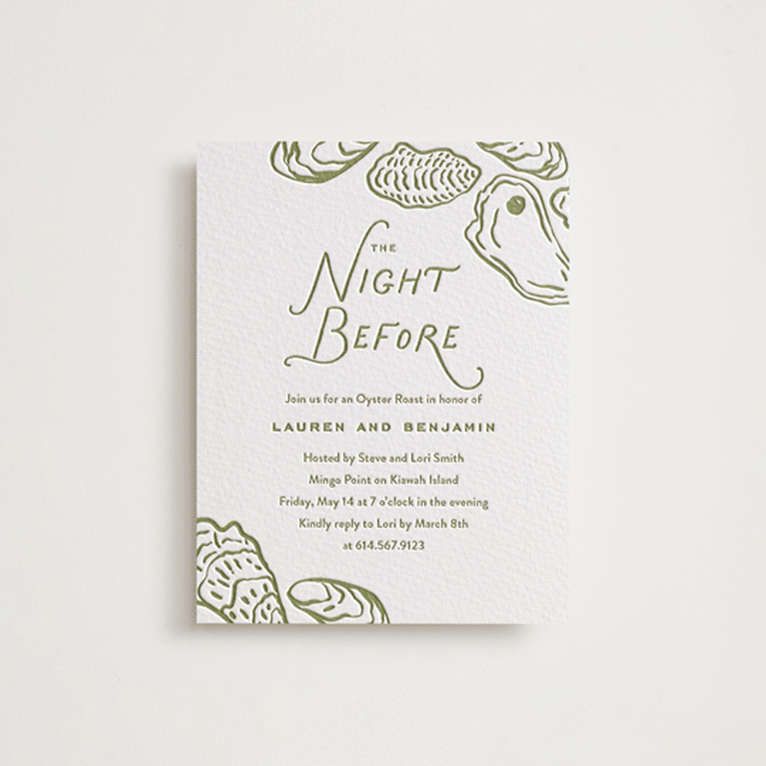 "Marshland" - Letterpress Rehearsal Dinner Cards in Pistachio by Oscar and Emma - Karly Depew - Front